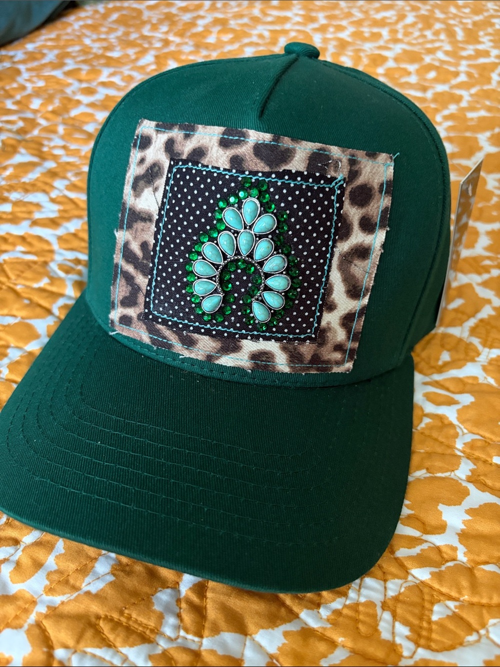 C.C Green Trucker Cap with Leopard Patch & Turquoise-Green Jewel Accent